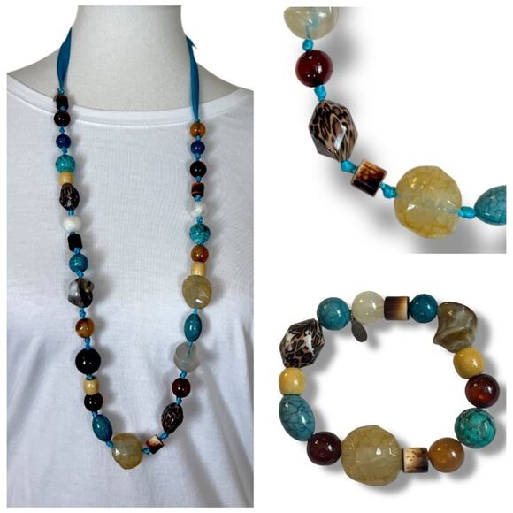 Cookie Lee Necklace Bracelet Set Beaded Faux Stone Teal Tan Multi 18” Length - Picture 2 of 14